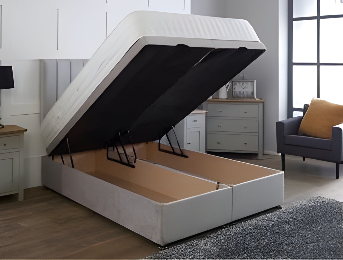 "Premium Storage Ottoman Bed by Imperial Furnishings with Silver Paneled Headboard, featuring 700 Newton gas lift pistons for effortless storage access.